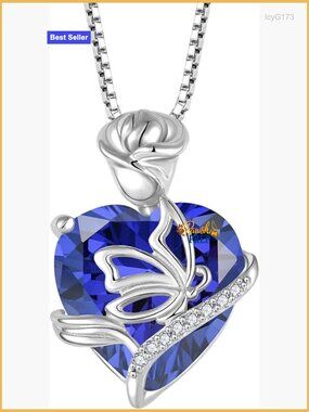 925 Sterling Silver Birthstone Pendant Necklace with Butterfly Rose Design